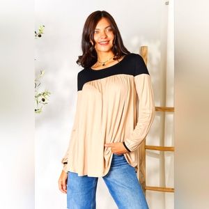 BOMBOM Contrast Long Sleeve Ruched Blouse